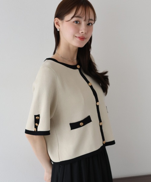 BLUEEAST（ブルーイースト）の「金ボタン半袖ニットジャケット（カーディガン/ボレロ・レディース・オフホワイト/アイボリー系/ネイビー系/ブラック/ピンクベージュ/ブラウン・MEDIUM）」の15枚目の写真