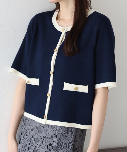 BLUEEAST（ブルーイースト）の「金ボタン半袖ニットジャケット（カーディガン/ボレロ・レディース・オフホワイト/アイボリー系/ネイビー系/ブラック/ピンクベージュ/ブラウン・MEDIUM）」の22枚目の写真