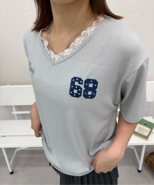 sedacle girl(セダクルガール)の「ハートジャガードユニフォームT(Tシャツ/カットソー・レディース・ライトブルー/アイボリー・FREE)」の8枚目の写真