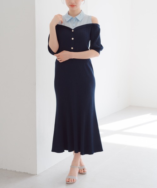 セール】2025春夏新作 シャツレイヤードケーブルニットワンピース