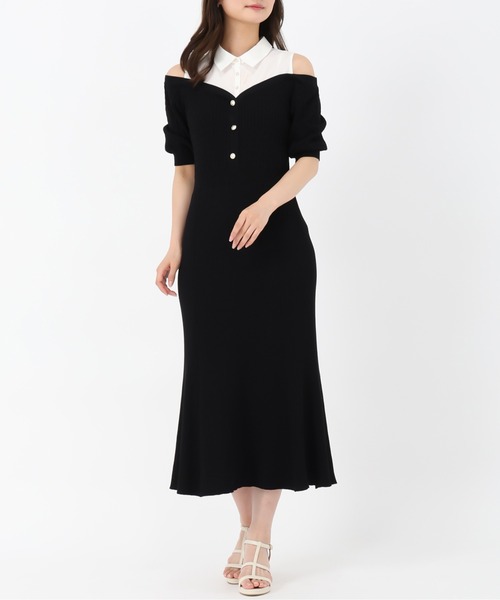 セール】2025春夏新作 シャツレイヤードケーブルニットワンピース