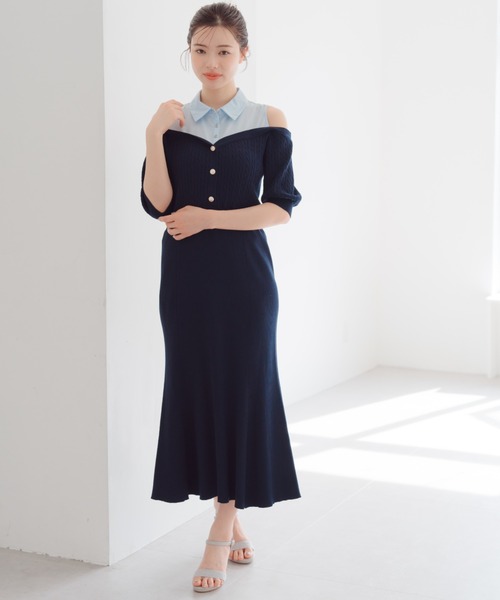 セール】2025春夏新作 シャツレイヤードケーブルニットワンピース