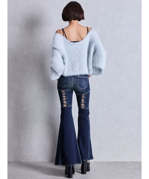 セール】ハイウエストボタンBACKレースアップフレアデニムパンツ