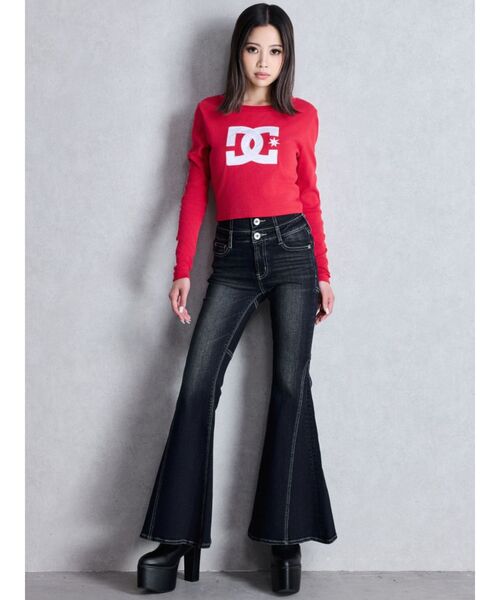 セール】ハイウエストボタンBACKレースアップフレアデニムパンツ