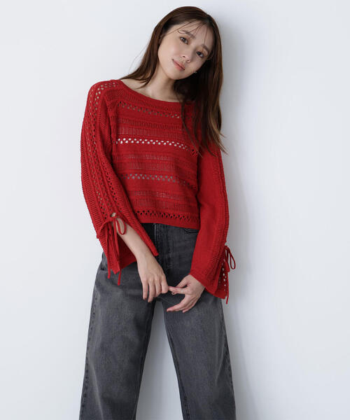 NATURAL BEAUTY BASIC(ナチュラルビューティーベーシック)の「◇透かし編みリボンスリーブニット(ニット/セーター・レディース・ブラック/レッド/オフホワイト・FREE)」の4枚目の写真