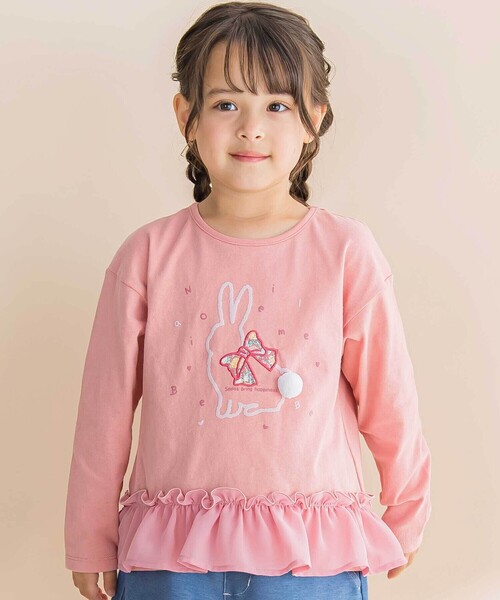 Noeil aime BeBe(ノイユエイムベベ)の「ウサギプリント裾フリル天竺長袖Tシャツ(80~130cm)(Tシャツ/カットソー・キッズ・ブルー/ピンク・120cm/130cm/100cm/110cm/90cm/80cm)」の2枚目の写真