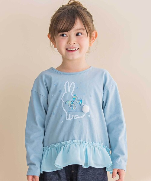 Noeil aime BeBe(ノイユエイムベベ)の「ウサギプリント裾フリル天竺長袖Tシャツ(80~130cm)(Tシャツ/カットソー・キッズ・ブルー/ピンク・120cm/130cm/100cm/110cm/90cm/80cm)」の1枚目の写真