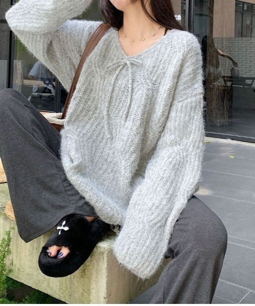 セール】ネックリボン ビッグシルエットニットプルオーバー（ニット