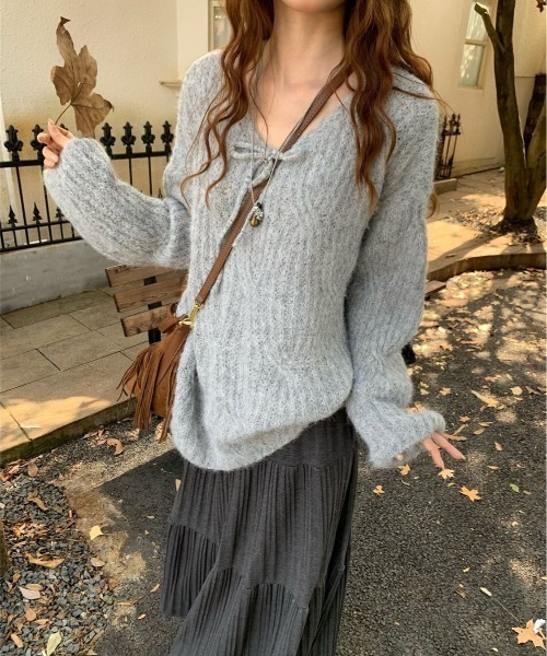 セール】ネックリボン ビッグシルエットニットプルオーバー（ニット