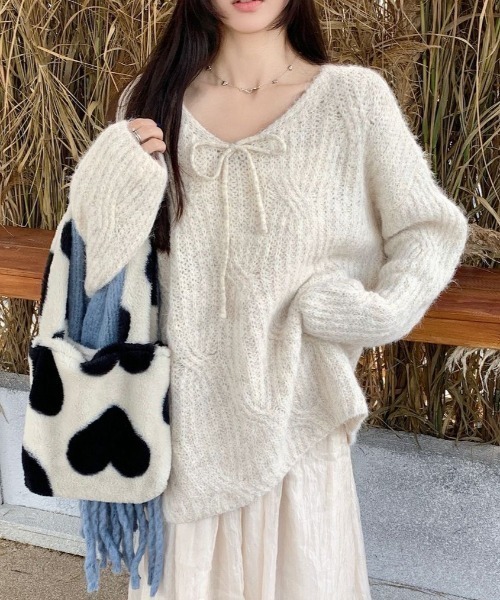 セール】ネックリボン ビッグシルエットニットプルオーバー（ニット