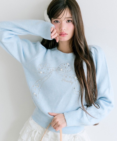 OLIVE des OLIVE（オリーブデオリーブ）の「キラキラリボンニット（ニット/セーター・レディース・オフホワイト/サックスブルー/ブラック/ピンク/ラベンダー・FREE）」の4枚目の写真