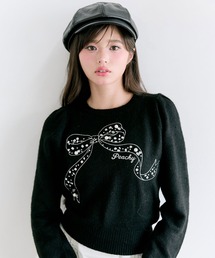 リボン付きブラックニット長袖 ニット/セーター（ブラック/黒色系・リボン）ファッション通販