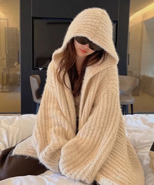 フード付オーバーサイズニットカーディガン／モカ・ベージュ