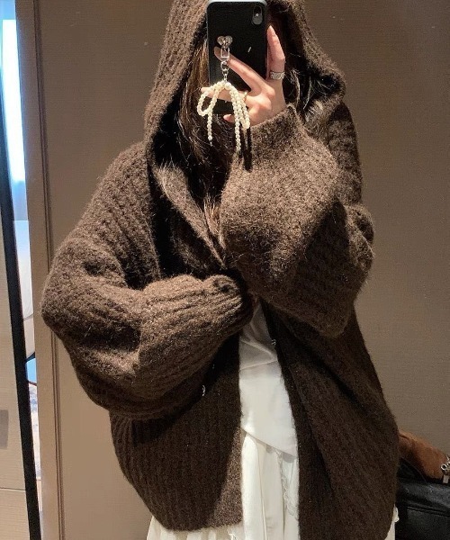 フード付オーバーサイズニットカーディガン／モカ・ベージュ