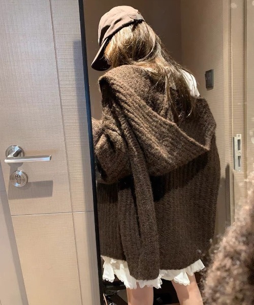 フード付オーバーサイズニットカーディガン／モカ・ベージュ