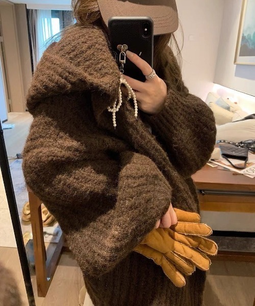 エムプルミエ フード付き カーディガン ベージュ エムプルミエ フード付きニットカーディガン ベージュ系 ポケット付き