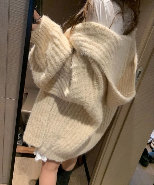 フード付きベージュニットカーディガン フード付オーバーサイズニットカーディガン／モカ・ベージュ