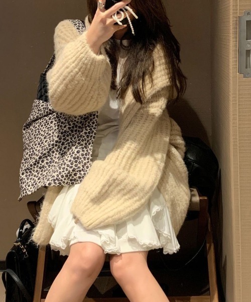 セール】フード付オーバーサイズニットカーディガン／モカ・ベージュ