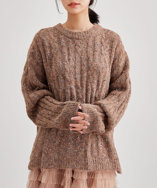 Lace Ladies(レースレディース)の「ケーブル編み カラーネップ オーバーサイズ ニット プルオーバー(ニット/セーター・レディース・ブラウン/グレー/アイボリー/グレイッシュベージュ・FREE)」の9枚目の写真