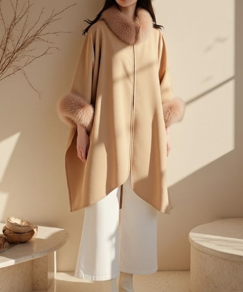 セール】部分ファー付ウールケープ（ポンチョ）｜cammie（キャミー）の