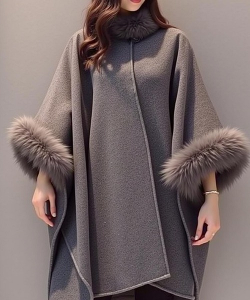 セール】部分ファー付ウールケープ（ポンチョ）｜cammie（キャミー）の