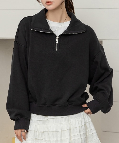 DAY CLOSET（デイ クローゼット）の「【裏起毛/2WAY/ハーフジップ/スタンドネック】気分でアレンジできる長袖カデットカラースウェット レディース（スウェット・レディース・スミクロ/グレー・FREE）」の2枚目の写真