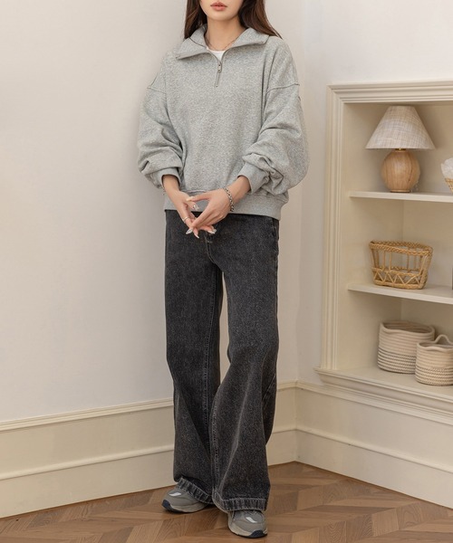 DAY CLOSET（デイ クローゼット）の「【裏起毛/2WAY/ハーフジップ/スタンドネック】気分でアレンジできる長袖カデットカラースウェット レディース（スウェット・レディース・スミクロ/グレー・FREE）」の14枚目の写真