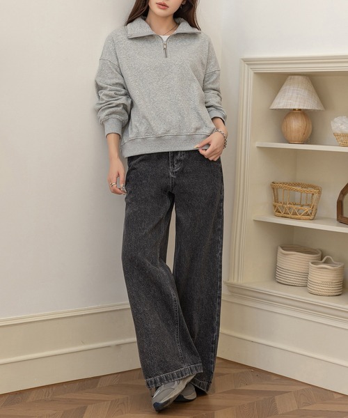 DAY CLOSET（デイ クローゼット）の「【裏起毛/2WAY/ハーフジップ/スタンドネック】気分でアレンジできる長袖カデットカラースウェット レディース（スウェット・レディース・スミクロ/グレー・FREE）」の15枚目の写真