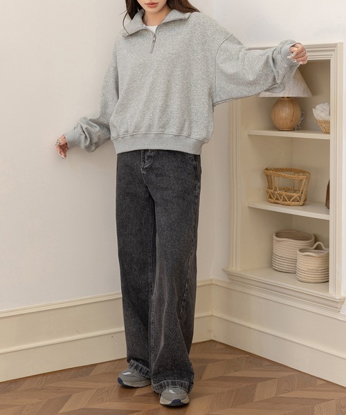 DAY CLOSET（デイ クローゼット）の「【裏起毛/2WAY/ハーフジップ/スタンドネック】気分でアレンジできる長袖カデットカラースウェット レディース（スウェット・レディース・スミクロ/グレー・FREE）」の16枚目の写真