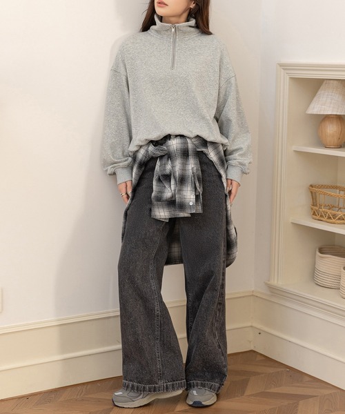 DAY CLOSET（デイ クローゼット）の「【裏起毛/2WAY/ハーフジップ/スタンドネック】気分でアレンジできる長袖カデットカラースウェット レディース（スウェット・レディース・スミクロ/グレー・FREE）」の17枚目の写真