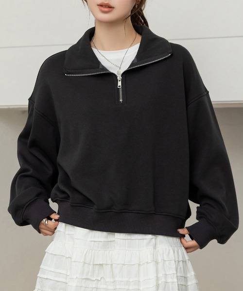 DAY CLOSET（デイ クローゼット）の「【裏起毛/2WAY/ハーフジップ/スタンドネック】気分でアレンジできる長袖カデットカラースウェット レディース（スウェット・レディース・スミクロ/グレー・FREE）」の4枚目の写真