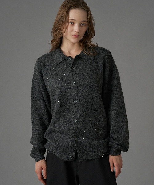 ONCILY(オンシェリー)の「RHINESTONE KNIT POLO CARDIGAN / ラインストーンニットポロカーディガン(カーディガン/ボレロ・メンズ・チャコールグレー/ブルー・SMALL/MEDIUM/LARGE)」の10枚目の写真