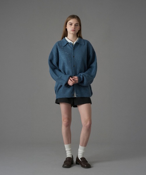 RHINESTONE KNIT POLO CARDIGAN / ラインストーンニットポロ