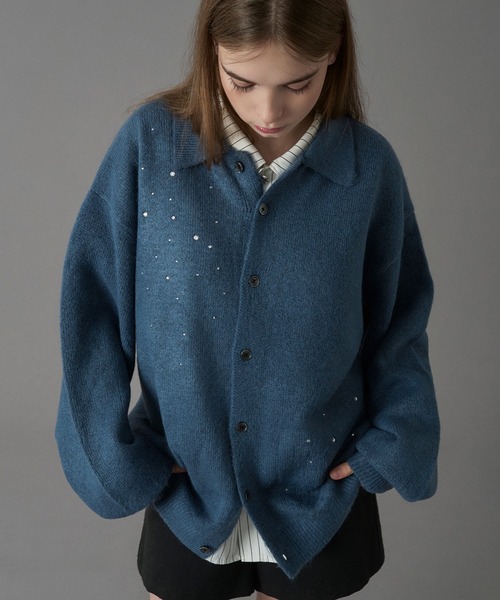 ONCILY（オンシェリー）の「RHINESTONE KNIT POLO CARDIGAN / ライン