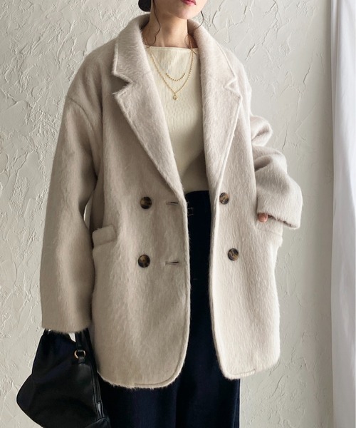 セール】ミドル丈ダブルブレストシャギーチェスターコート（チェスター