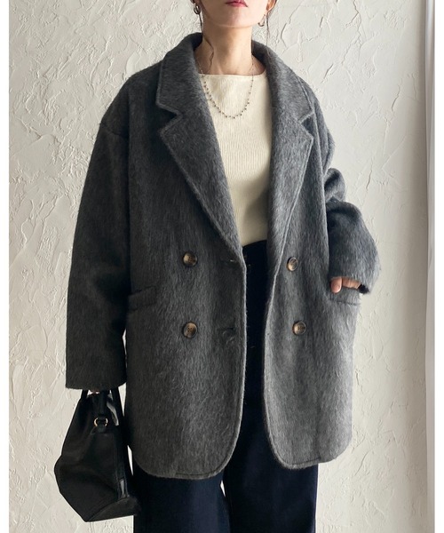 セール】ミドル丈ダブルブレストシャギーチェスターコート（チェスター