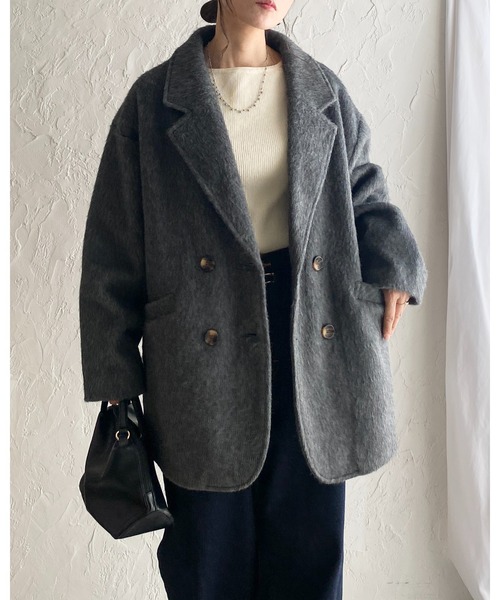 チャコールグレー ダブルブレスト チェスターコート セール】ミドル丈ダブルブレストシャギーチェスターコート（チェスター