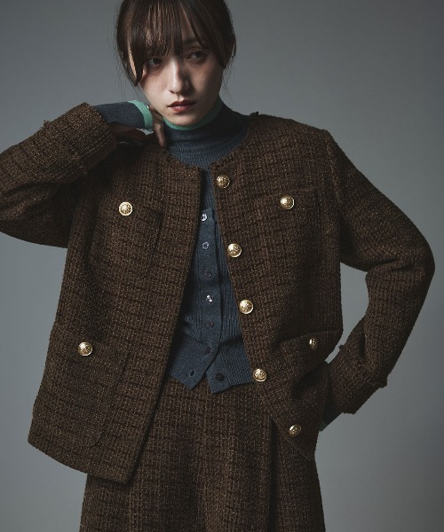 ウールミックス ツイード ノーカラー ジャケット / Wool-Blend Tweed Collarless Jacket
