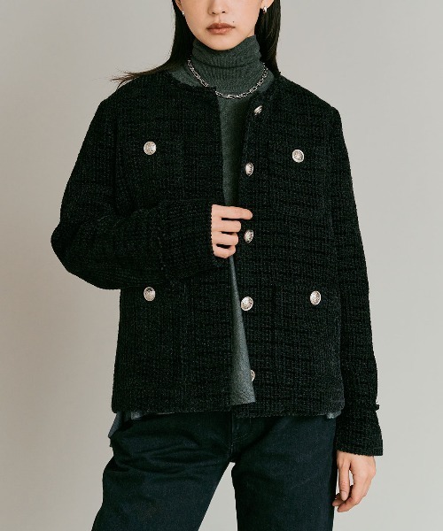 ウールミックス ツイード ノーカラー ジャケット / Wool-Blend Tweed Collarless Jacket