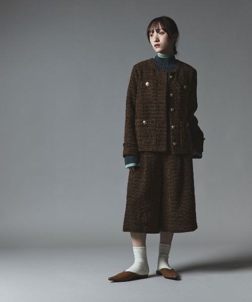 ウールミックス ツイード ノーカラー ジャケット / Wool-Blend Tweed Collarless Jacket