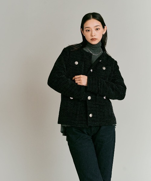 ウールミックス ツイード ノーカラー ジャケット / Wool-Blend Tweed Collarless Jacket