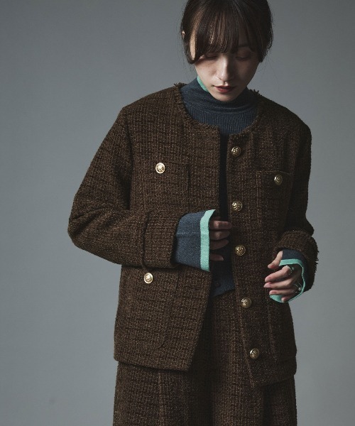 ウールミックス ツイード ノーカラー ジャケット / Wool-Blend Tweed Collarless Jacket