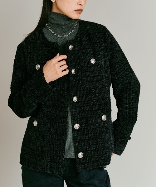 ウールミックス ツイード ノーカラー ジャケット / Wool-Blend Tweed Collarless Jacket