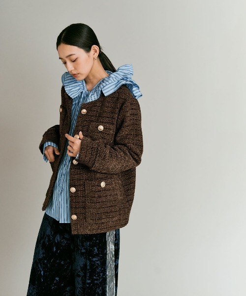 ウールミックス ツイード ノーカラー ジャケット / Wool-Blend Tweed Collarless Jacket