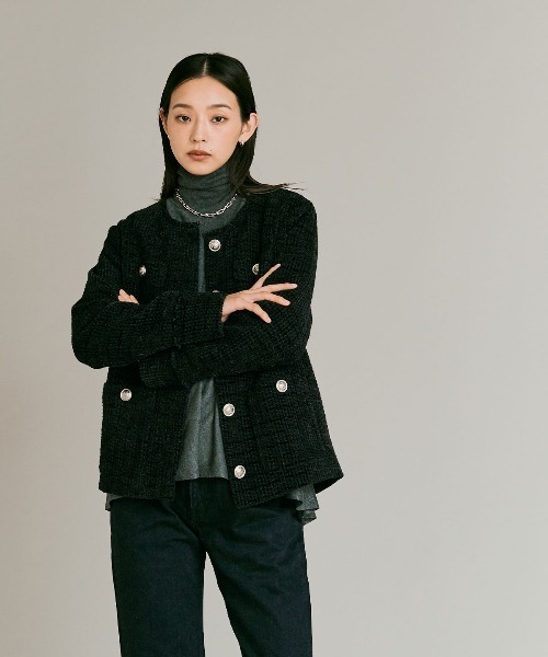 W:Huku(フーク)の「ウールミックス ツイード ノーカラー ジャケット / Wool-Blend Tweed Collarless Jacket(ノーカラージャケット・レディース・ライトグレー/ブラウン/ブラック・FREE)」の22枚目の写真
