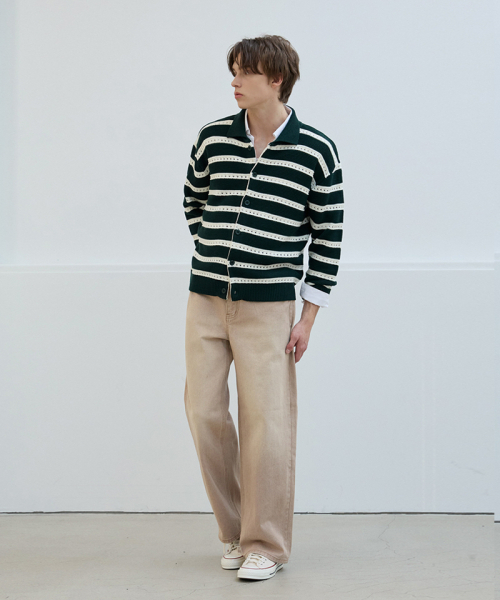 NODU（ノードユー）の「スカシストライプカラー ニットカーディガン [グリーン]（カーディガン/ボレロ・メンズ・その他・MEDIUM/LARGE）」の3枚目の写真