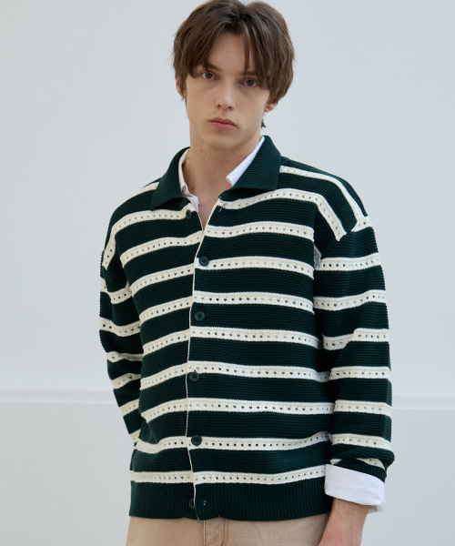 NODU（ノードユー）の「スカシストライプカラー ニットカーディガン [グリーン]（カーディガン/ボレロ・メンズ・その他・MEDIUM/LARGE）」の4枚目の写真