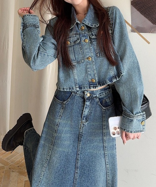 セール】襟付きシングルブレストジャケットハイウエストポケット付き