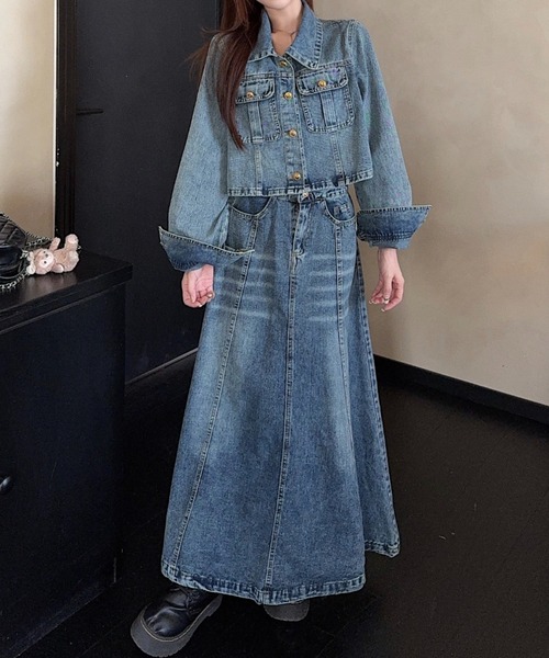 セール】襟付きシングルブレストジャケットハイウエストポケット付き