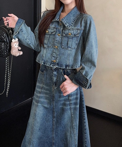 セール】襟付きシングルブレストジャケットハイウエストポケット付き